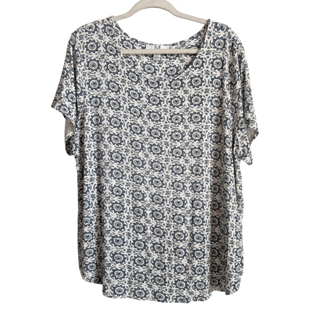 Magaschoni Woman 2X Blue Medallion Paisley Boho Floral Short Sleeve Blouse Top